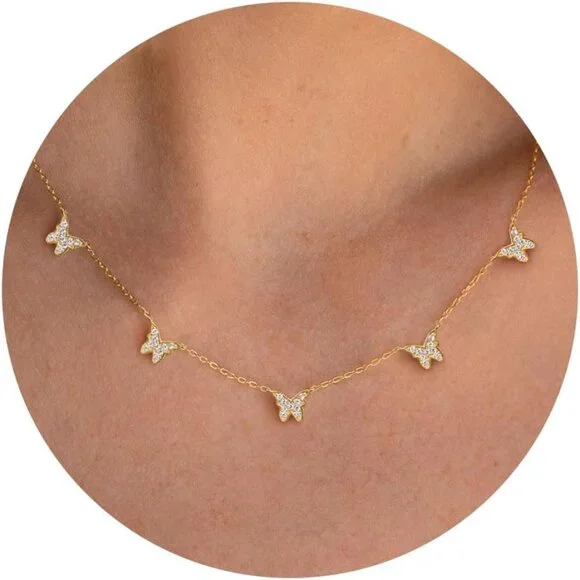 Diamond Necklaces for Women 14K Gold Silver Gold Plated Dainty Necklace Five Dia - Picture 1 of 8